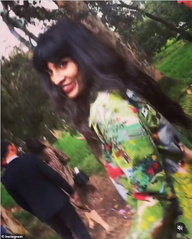 Jameela Jamil is seen with her boyfriend James Blake at Bradley and Isabelle Thomas' wedding in October 2018 at Rustic Canyon, Santa Monica