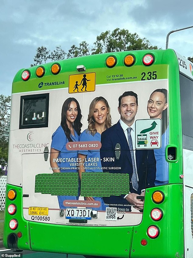 She appears here at the back of a bus in an advertisement for a cosmetic clinic (far left)