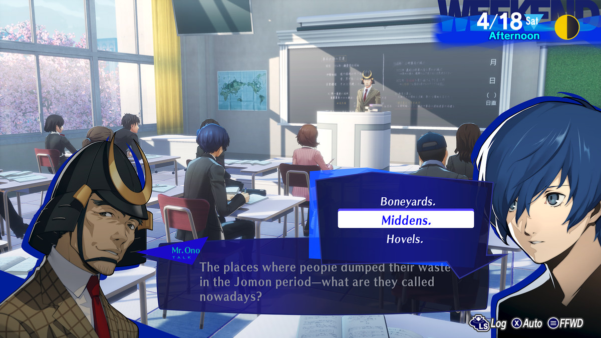 The protagonist of Persona 3 Reload answers a class question