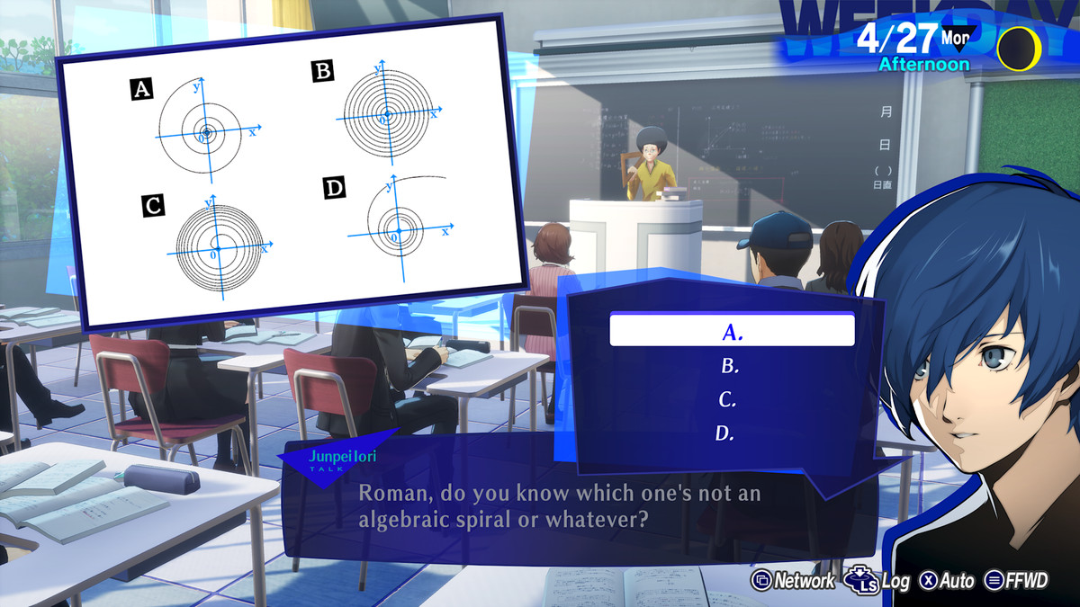 The protagonist of Persona 3 Reload answers a class question