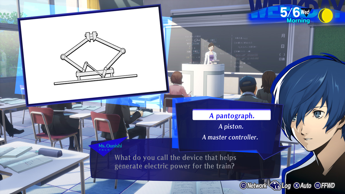 The protagonist of Persona 3 Reload answers a class question