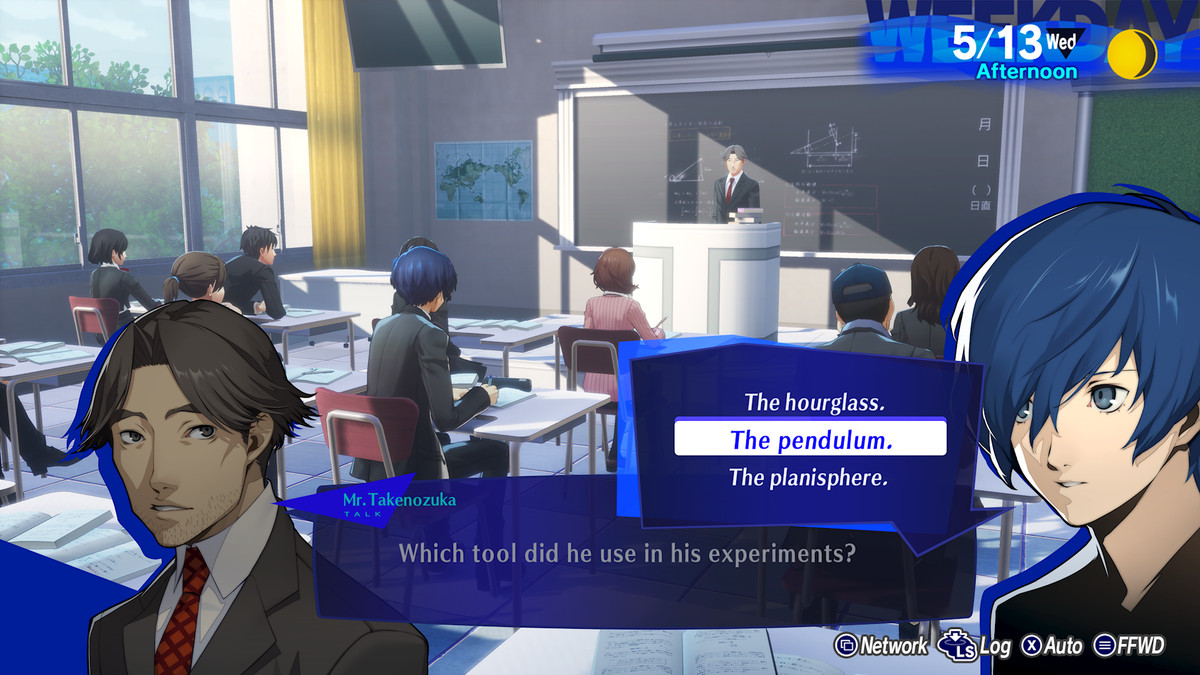 The protagonist of Persona 3 Reload answers a class question