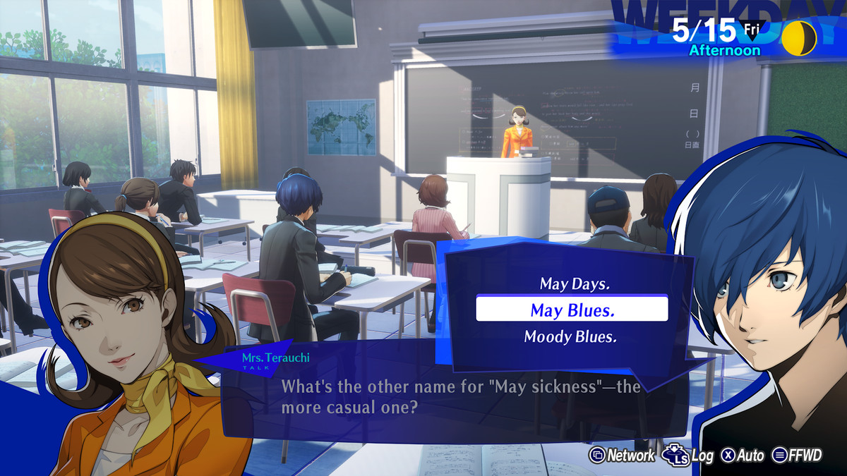 The protagonist of Persona 3 Reload answers a class question