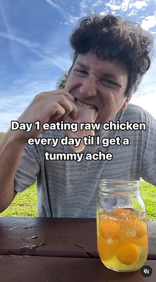 He says he eats the chicken to help with the back pain he has, and to combat acne he previously had