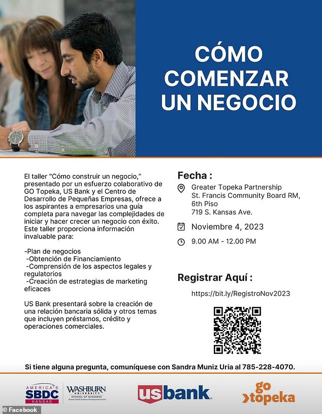 A Spanish advertisement for a business starting seminar in Topeka