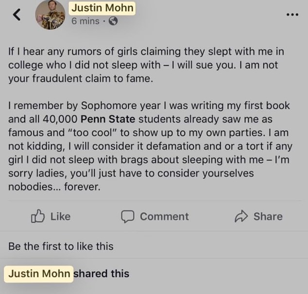 Mohn began posting paranoid messages on social media as early as 2015, with one threatening to sue any woman who claimed to have slept with him in college in 2018.