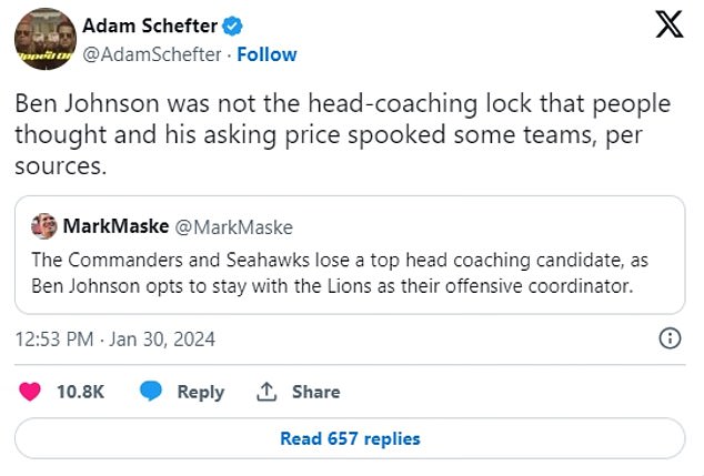 Florio was angry that Schefter tweeted that Johnson's asking price 'scared some teams'