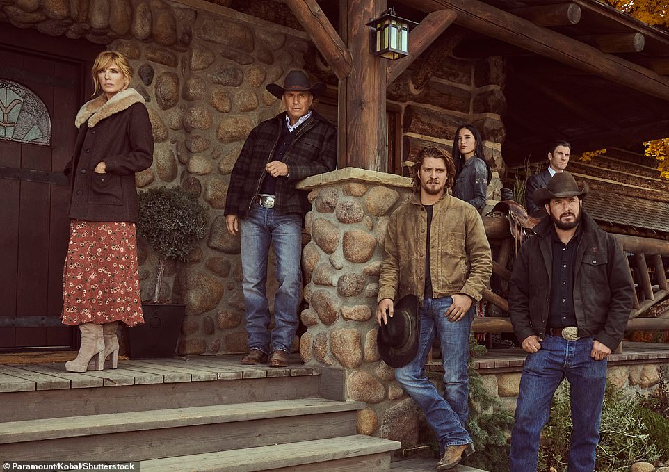 Kim appears to be going for Yellowstone: From left – Kelly Reilly as Beth Dutton, Kevin Costner as John Dutton, Luke Grimes as Kayce Dutton, Kelsey Chow as Monica Long-Dutton, Wes Bentley as Jamie Dutton and Cole Hauser as Rip Wheeler in 2019