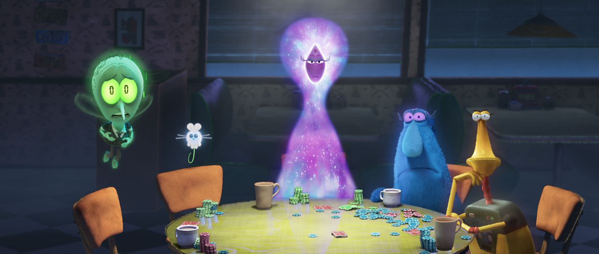 A small green mosquito-like creature, a tiny white fluffy mouse creature, an ethereal purple-pink creature, a fluffy blue monster with a big nose, and a gold robot are all sitting around a table playing poker. 