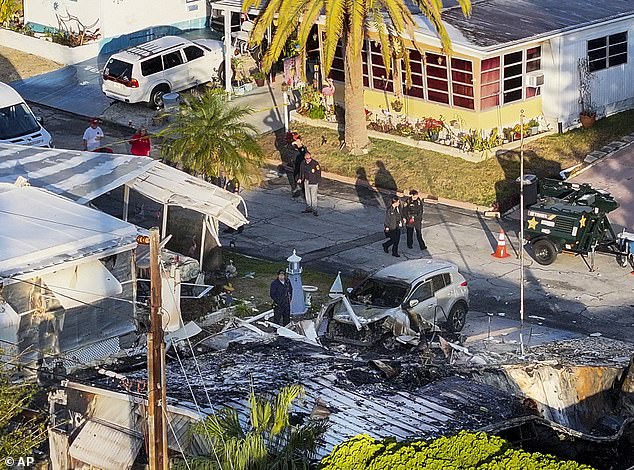 An aerial drone shows the scene of Thursday's plane crash in Clearwater, Florida, on Friday