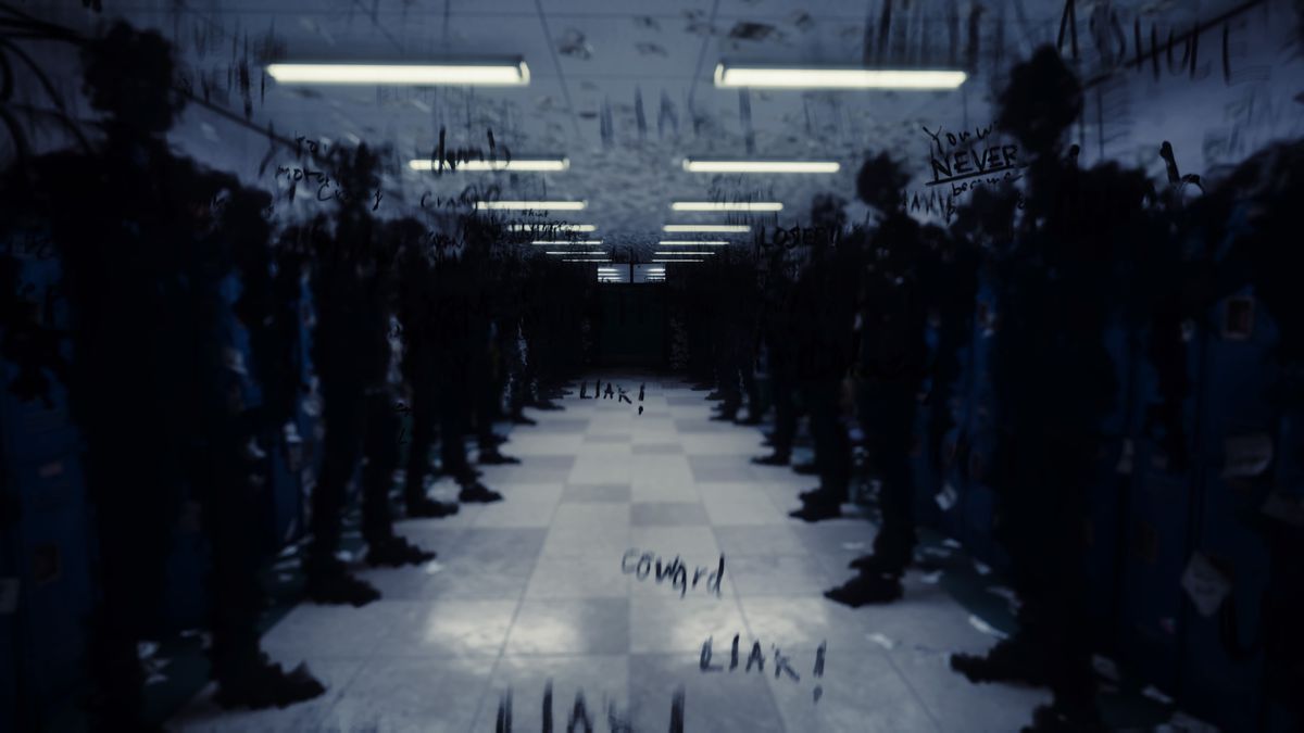 A bunch of shadow people staring at the main character in the hallway of a school.  Words float across the screen calling you a 'coward' and a 'liar'.