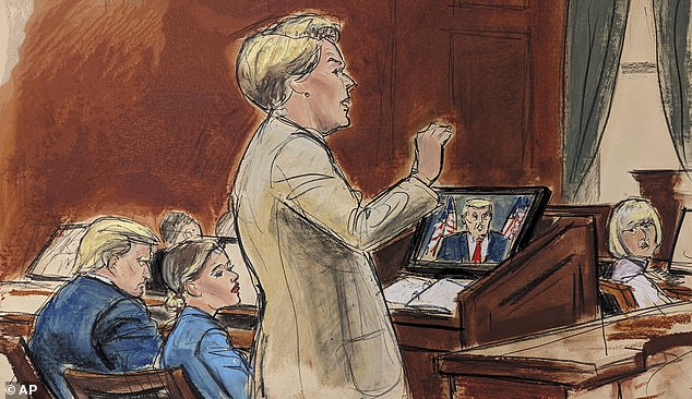 In this courtroom sketch, Roberta Kaplan, attorney for E. Jean Carroll, gives her brief to the jury in Manhattan federal court as former President Donald Trump, far left, and E. Jean Carroll, far right, listen.