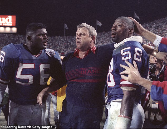 Banks (right) celebrates with Lawrence Taylor and Bill Parcells after Super Bowl XXV