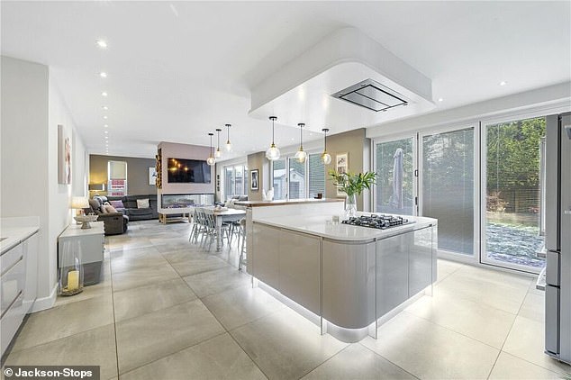 The large living room has a modern kitchen with separate island and a large dining area