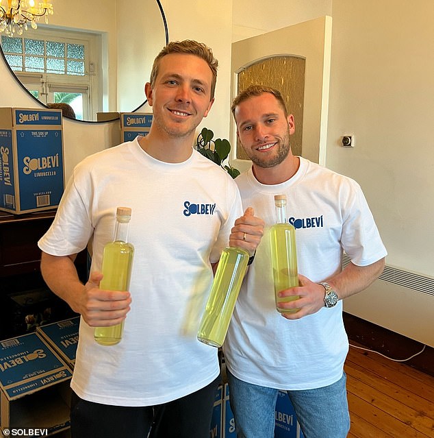 The original plan of Darcy Holden and Stefan Di Benedetto (right) was to run Solbevi as a hobby business.  They are pictured with their first batch of limonchello