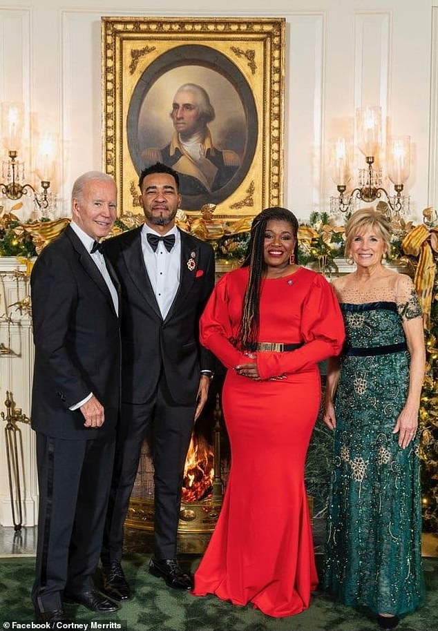 Bush and Merritts are seen here with President Joe Biden and his wife Dr.  Jill Biden during a Christmas party at the White House