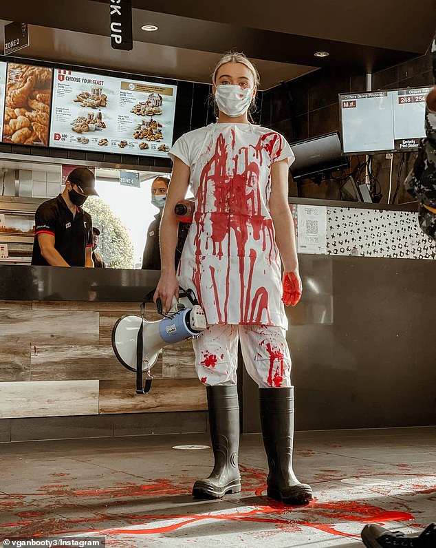 Ms Peterson (pictured) is known for entering fast food chains and restaurants with fake blood to denounce meat eaters