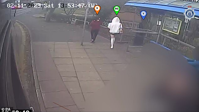 CCTV footage released by police shows the moment Brianna (in white) met Jenkinson (X) and Ratcliffe (Y) at a bus stop on the day of her death