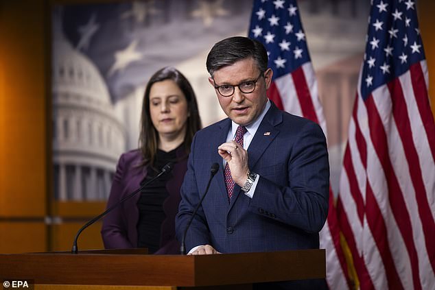 Speaker Mike Johnson speaks to reporters at the U.S. Capitol on January 30, 2024.