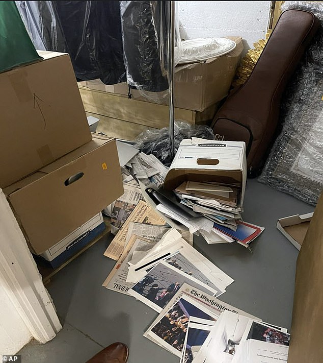 This image, included in the indictment against former President Donald Trump, shows boxes of documents in a storage room at Trump's Mar-a-Lago estate in Palm Beach, Florida, that had fallen over and their contents spilled onto the floor