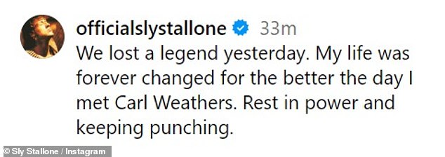 In the film's caption, Stallone wrote, “We lost a legend yesterday.  My life changed forever for the better the day I met Carl Weathers.  Rest in power and keep punching'