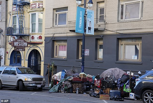 A homeless encampment can be seen along Leavenworth Street in the Tenderloin neighborhood, just a few blocks from Powell