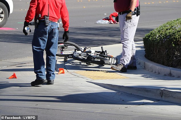 The truck driver, Leo Gonzalez-Ceron, struck Kim Tuesday morning near Cactus Avenue and Cliff Lake Street, just a mile from the boy's high school.  In the photo: Kim's e-bike on the ground