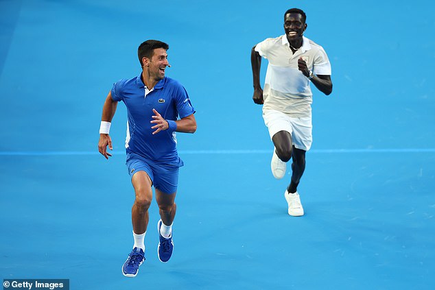 Novak Djokovic races Bol during A Night with Novak & Friends at Rod Laver Arena this year