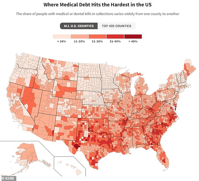 The map above shows the areas in the US where the most people are in debt due to healthcare costs