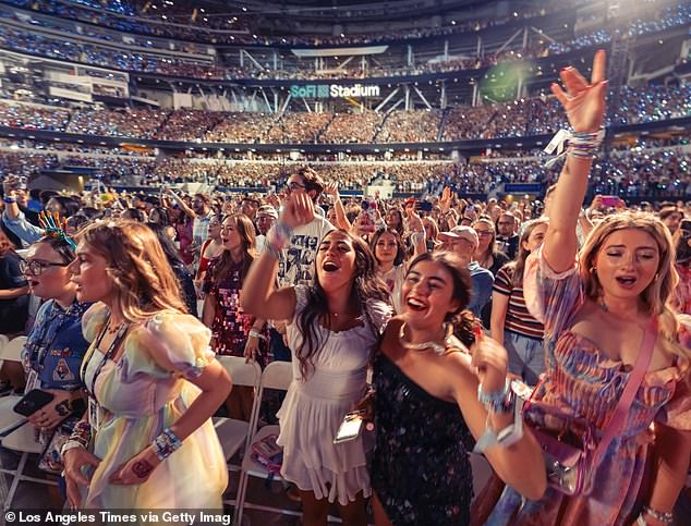 Some felt Shake It Off was the ideal toilet break song, while others thought songs from the Evermore or Folklore eras could be missed.  Fans are pictured at Swift's concert