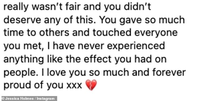 In a heartfelt tribute, Jess wrote: 'Good night my favourite.  Thanks for everything.  I will always love you.  The hardest day has arrived, a day I prayed wouldn't come.  It is with all the sadness in the world that I confirm that Jonnie passed away earlier today.”