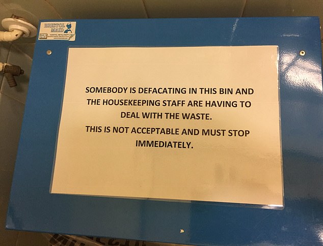 This shocking so-called NHS sign shows 'someone' relieving themselves in a bin, as opposed to the toilet in the healthcare bathroom.  Posted by Rhodri Morgan-Smith Nantwich