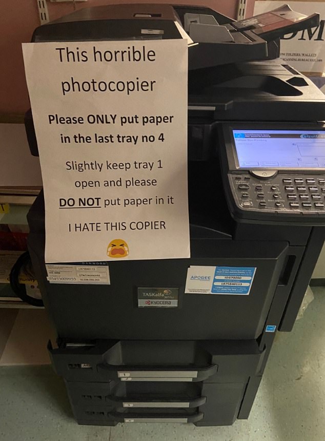 Here, another alleged NHS office sign advises both how to operate a diabolical photocopier and its existence.  Posted by South London pediatrician Sarah Sturrock