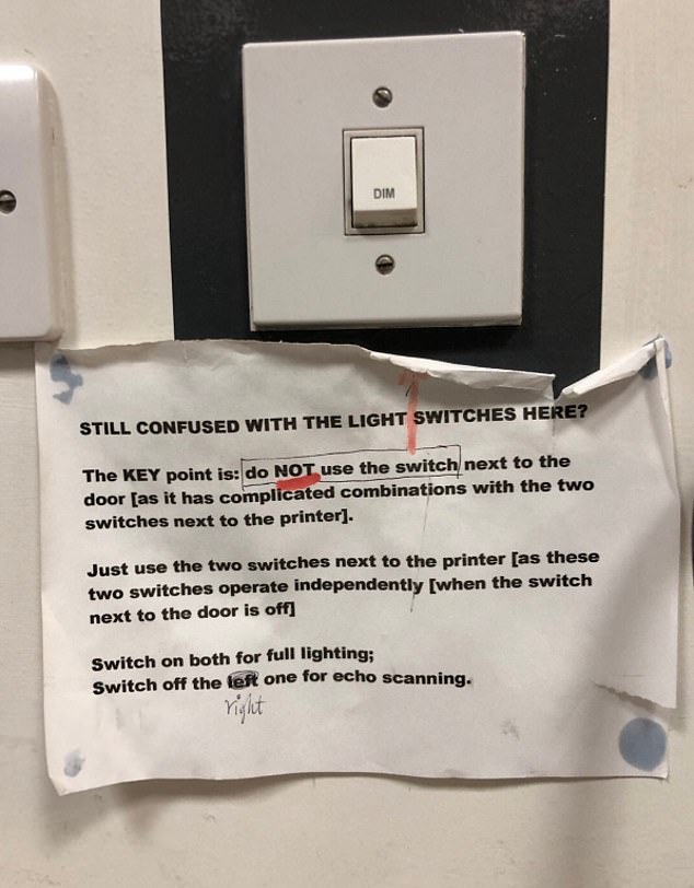 This so-called healthcare board advises staff on the complicated method of controlling the lighting in an NHS room.  Posted by consultant Dr Ben Lovell