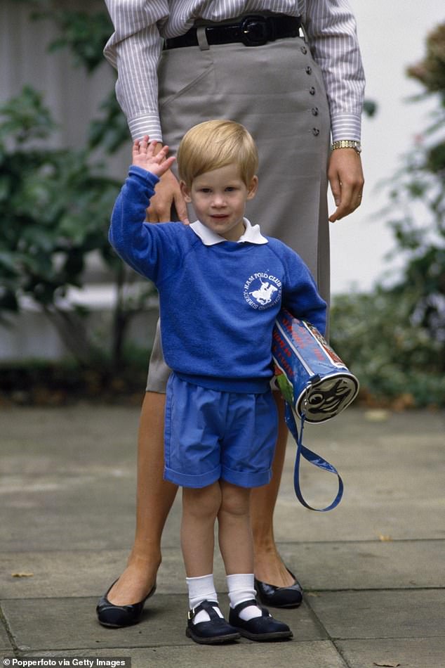 A young Prince Harry shows that he has learned to wave.  He is pictured with his mother as they arrive at Mrs Mynors' nursery school in 1987