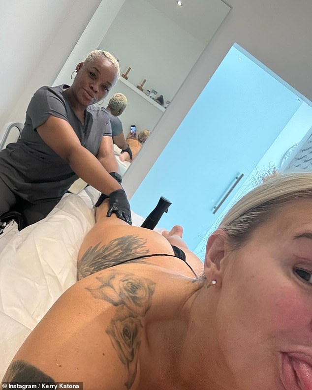 Kerry also showed off her incredible figure as she lay on her stomach and donned a thong as she headed to Lymphatic Drainage expert, Touch of Health for her regular treatment