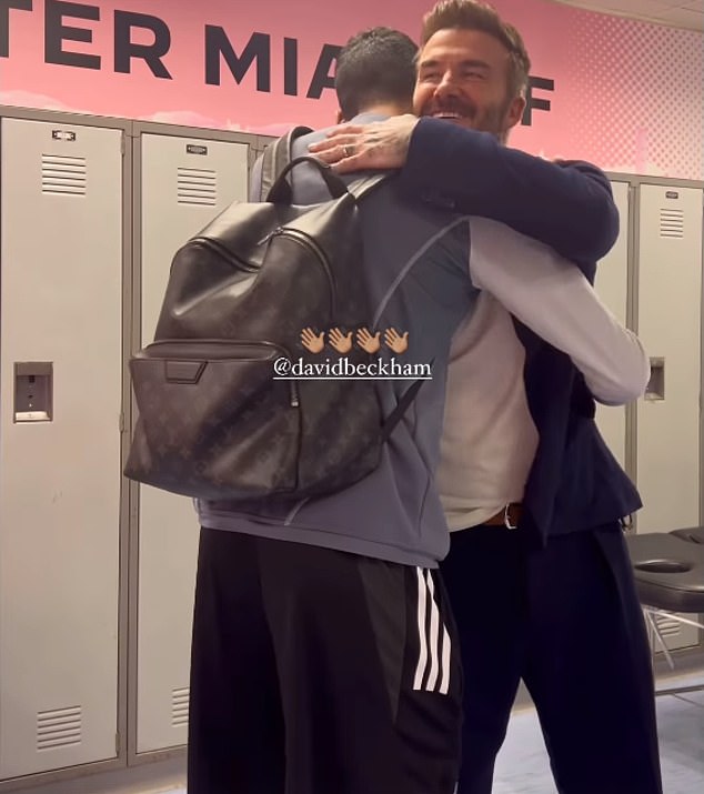 Sergio Busquets – also an ex-Barcelona contingent – ​​gives Beckham a hug in Hong Kong