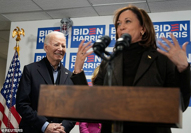 Vice President Kamala Harris addresses campaign staff in Wilmington as President Biden listens