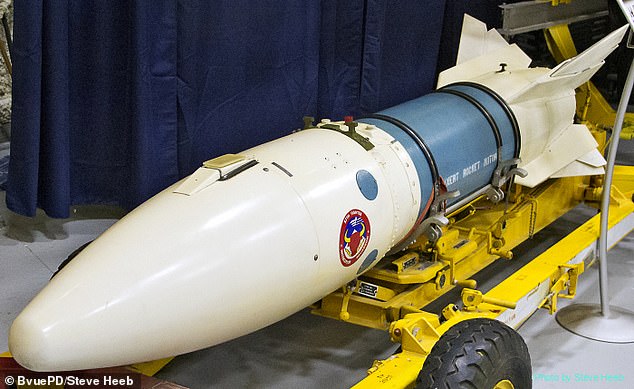 No warhead was attached, meaning it posed no threat to the community.  Pictured: Similar AIR-2 Genie missile with a replica nuclear warhead attached