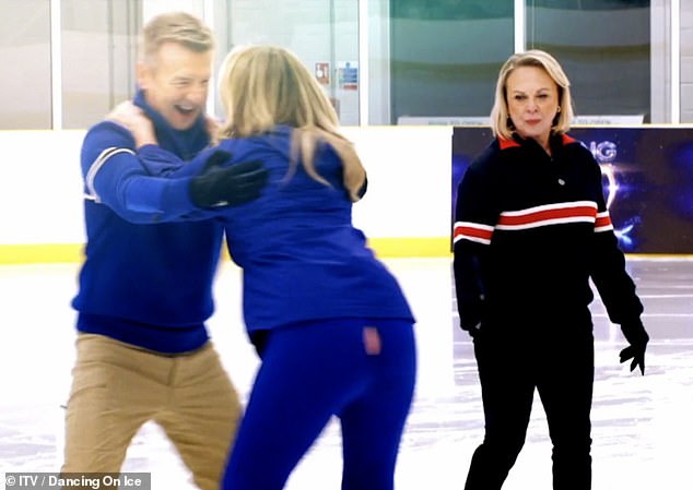 The Coronation Street star got into trouble during rehearsals when she fell and hit the floor, causing her to rip her trousers (Claire imagined herself practicing with judge Christopher Dean as fellow panellist Jayne Torvill looked on)