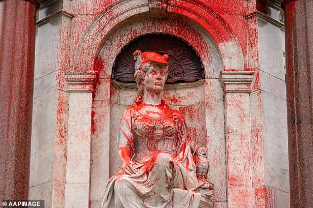 A monument to Queen Victoria was vandalized with red paint hours before Australia Day