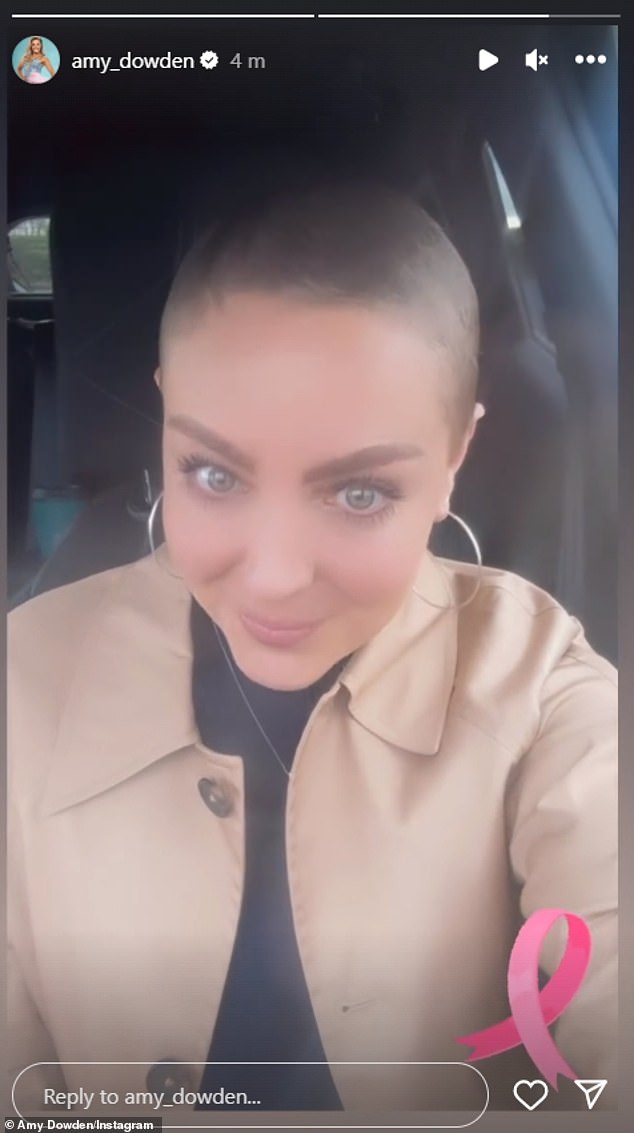 Beaming for the selfie as she sat in her car, Amy said: 'It's been a while so I thought I'd show you my hair growth.  It makes me happy to see the difference and look back.  It's coming'