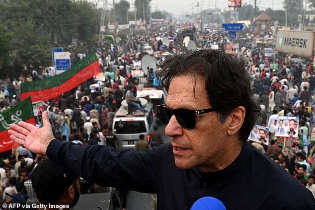 Imran Khan speaks while participating in an anti-government march in Gujranwala in 2022