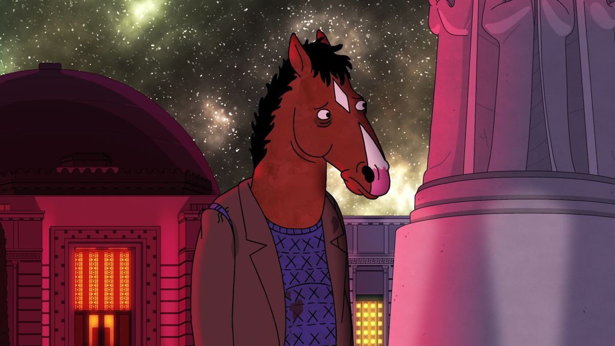 BoJack looks sad in front of the Griffith Observatory