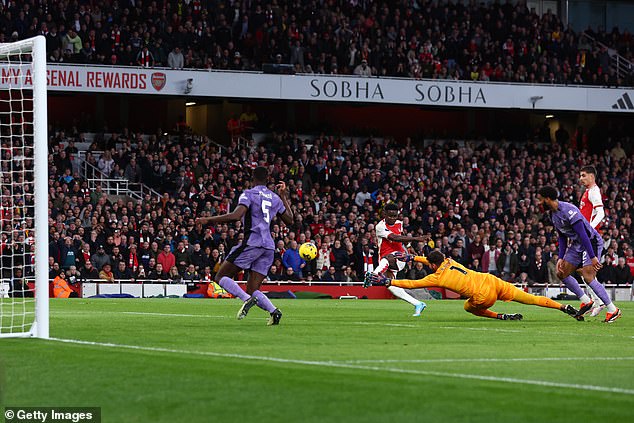 Saka fired in the rebound after goalkeeper Alisson saved Kai Havertz's shot