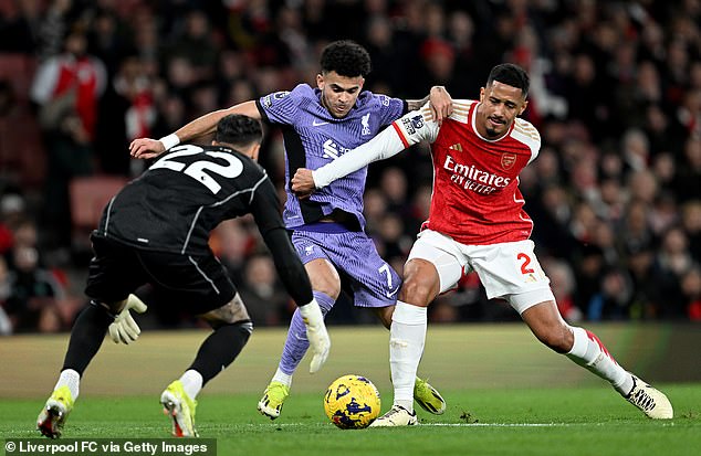 William Saliba (R) tried to protect the ball from Luis Diaz, but eventually saw it stick away