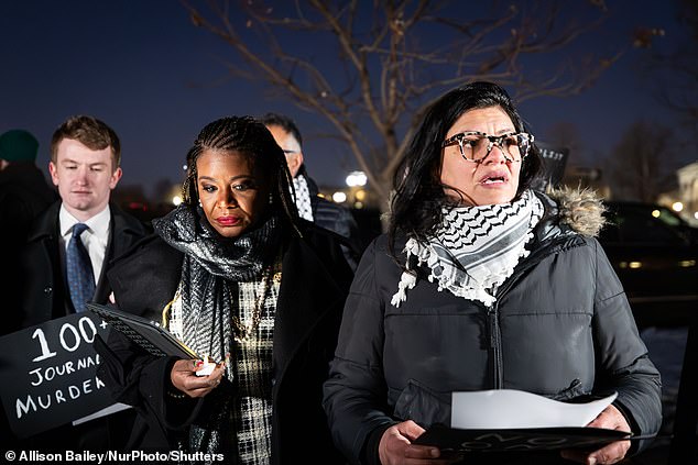 Rep. Rashida Tlaib (right), the only Palestinian member of Congress, faced censure for statements about the war between Israel and Hamas.  She is seen speaking at a vigil in January for journalists killed in Gaza