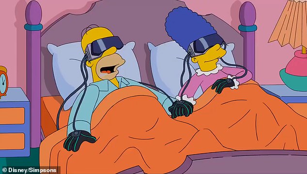 Homer and Marge lay side by side in bed as they virtually kissed each other