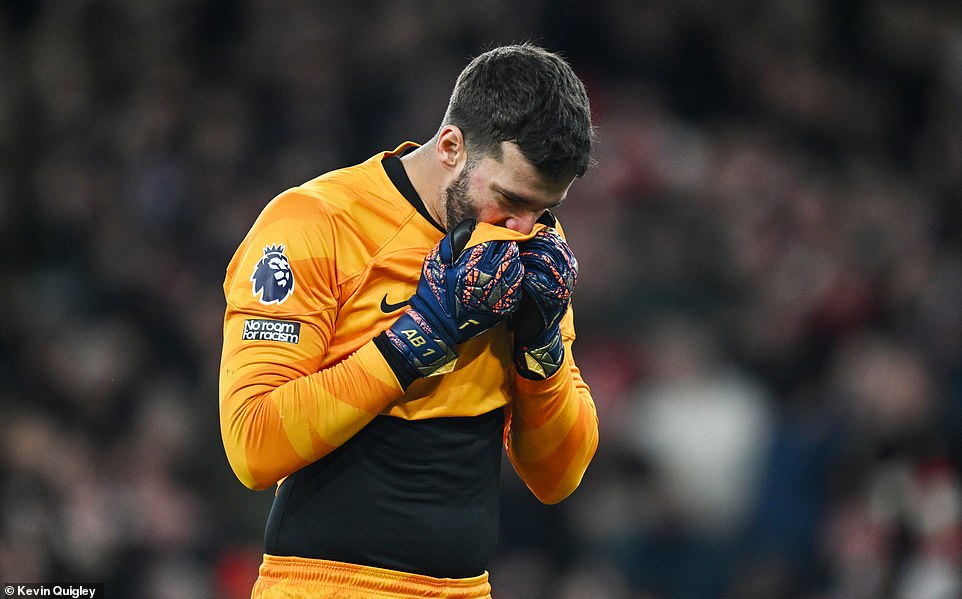 Liverpool number 1 Alisson was disconsolate after poor handling and the mix-up with Virgil van Dijk allowed Gabriel Martinelli to score