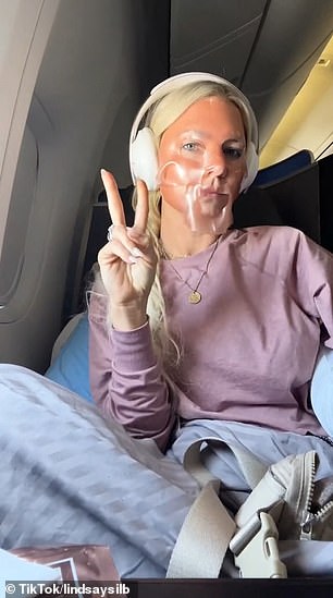 She said: 'I prefer not to look like a feral worm when I land after a long-haul flight, so I always use a nice sheet mask'